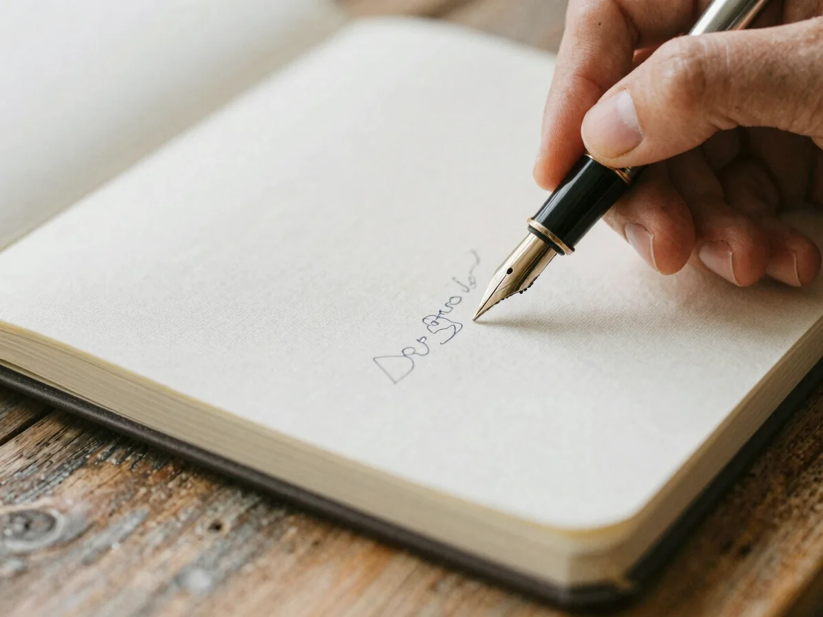 Close-up macro detail of hand writing with a fountain pen in a li