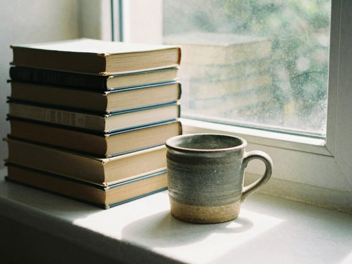 Atmospheric composition of vintage hardcover books stacked near a