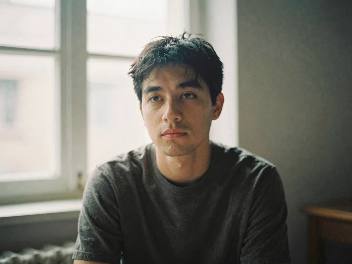 Contemplative portrait of a writer, soft natural light from a win