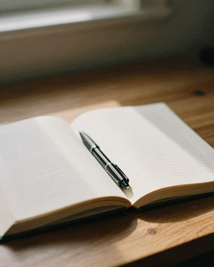 Open journal with an ink pen on a wooden desk, sunlit reading corner, natural textures, desaturated earth tones, shallow