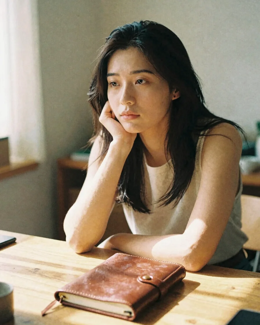 Warm editorial portrait of a thoughtful writer at a sunlit wooden